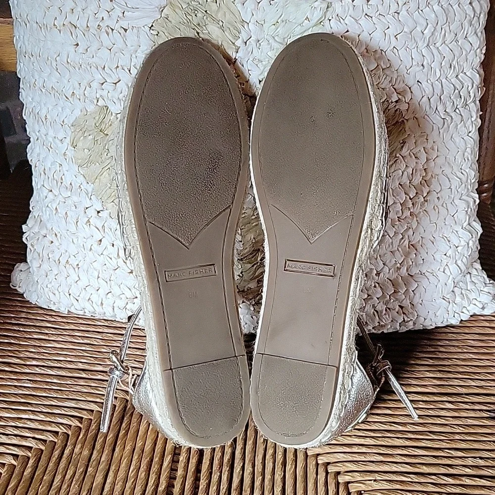 Marc Fisher Graze, gold, closed toe, ankle strap, espadrille, size 8M